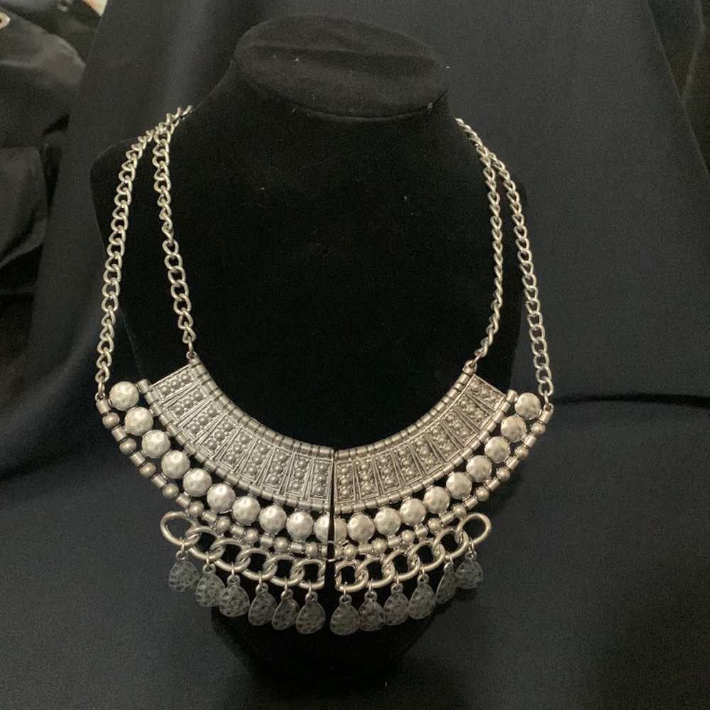 Bohemian silver pendant necklace with double chain